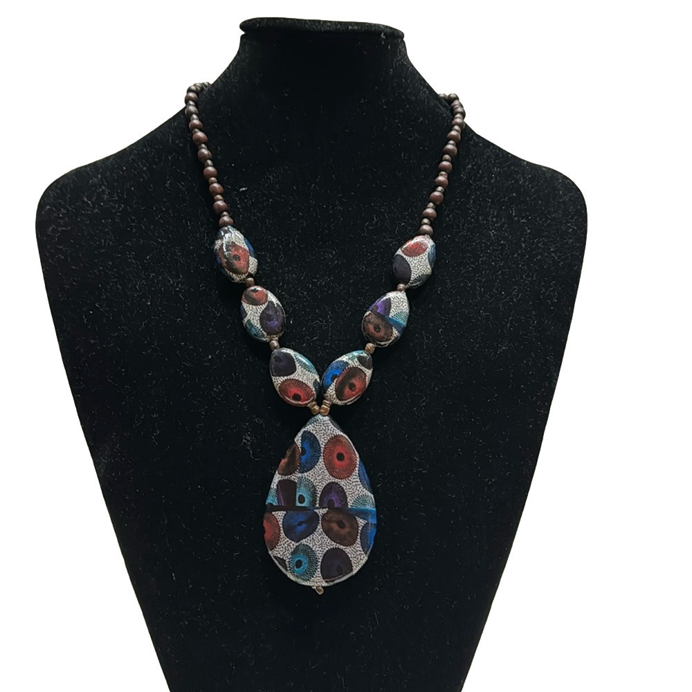 Unda Pendant paper wrapped wooden bead necklace